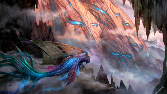 A mystical creature flies through a strange landscape.
