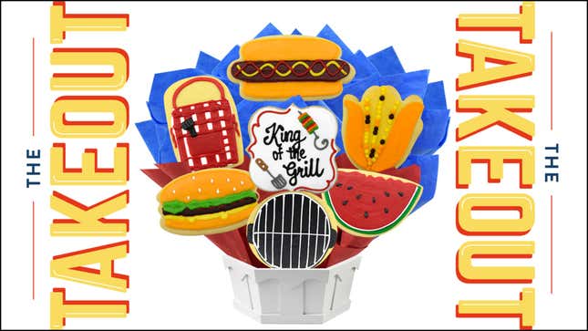 King of the Grill cookie bouquet featuring sugar cookies shaped like a grill, apron, hot dog, etc.