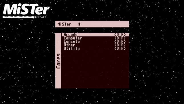 The main menu of the MiSTer retro gaming device, listing Arcade, Computer, and Console options.