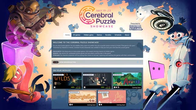 The front page of Steam's Cerebral Puzzle Showcase.