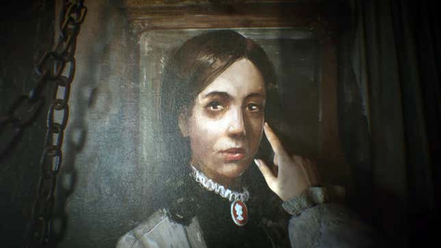 A Layers of Fear screenshot showing someone gently touching a beautiful portrait painting.