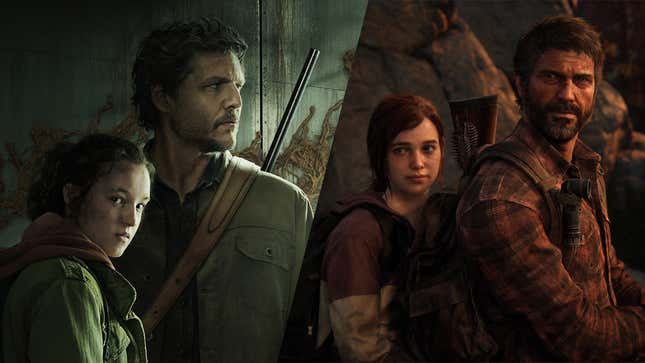 Joel and Ellie as seen in the HBO adaptation on the left and as seen in The Last of US Part I on the right.
