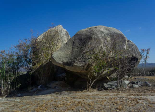 Two large rocks in northeast Brazil, where archaic remains were found.