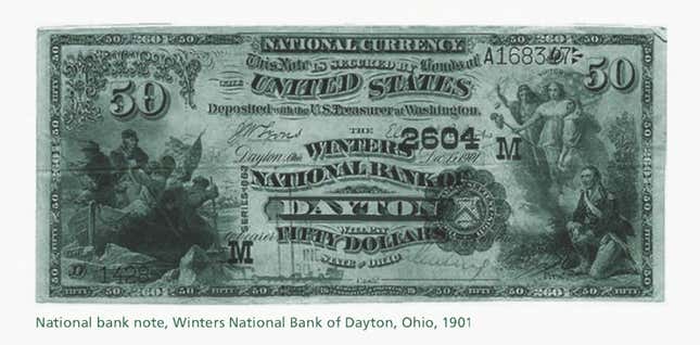 A bank note issued under the National Banking System, which prevailed until 1913.