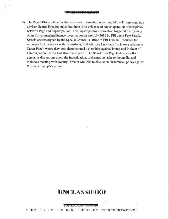 Image for article titled Read the full GOP House intelligence memo about the Trump dossier