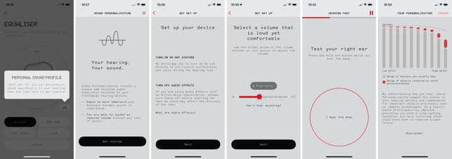 Several screenshots of the process of taking the Personal Sound Profile hearing test in the Nothing app.