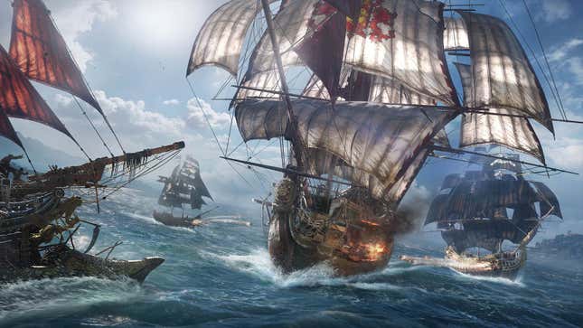 Several galleon ships engaged in naval combat.