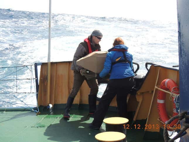 Me and a colleague deploying one of a pair of drifting buoys in the Southern Ocean.