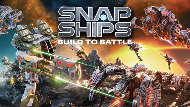 A promotional image for PlayMonster's Snap Ships showing spaceships, robots, and monsters doing battle. 