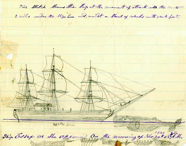 A sketch by Thomas Nickerson, the cabin boy, depicting the attack and sinking of the ship Essex. Note the crew members repairing the whale boat, which is winched aloft over the deck, toward the back of the ship.