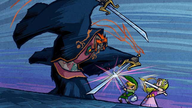 Ganondorf is seen towering over Link and Zelda with his swords drawn as the two children point their sword and bow at him.
