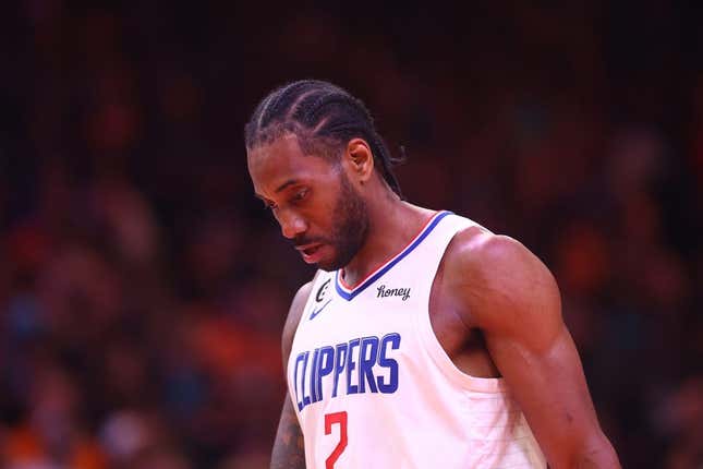 Apr 18, 2023; Phoenix, Arizona, USA; Los Angeles Clippers forward Kawhi Leonard reacts against the Phoenix Suns in the second half during game two of the 2023 NBA playoffs at Footprint Center.