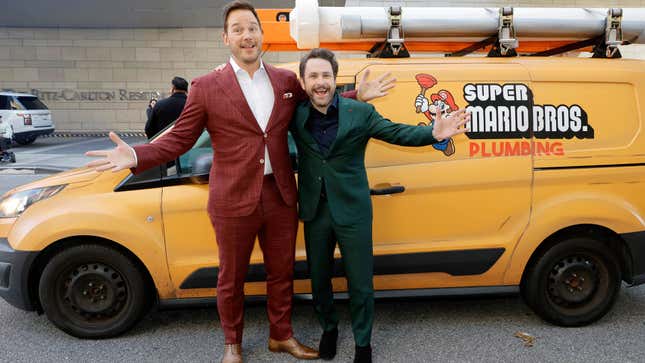 Chris Pratt and Charlie Day arrive at the Super Mario Bros. special screening in a plumbing truck. 