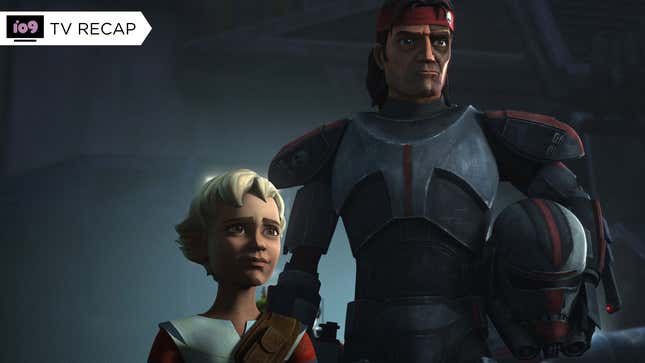 Omega (left) stands next to her brother Hunter (right), cradling his Clone Trooper helmet under his arm.