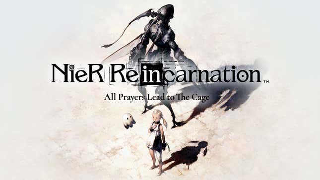The Nier Reincarnation logo, with images of a black armored creature and the lead character, the Girl. 