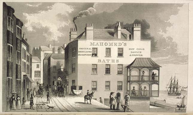 Sake Dean Mahomed’s business premises, in Brighton. Image taken from Shampooing; or, benefits resulting from the use of the Indian Vapour Bath as introduced by SDM. Second edition.