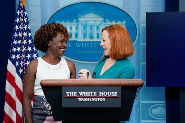 White House press secretary Jen Psaki talks about incoming press secretary Karine Jean-Pierre during a press briefing at the White House, Thursday, May 5, 2022, in Washington.