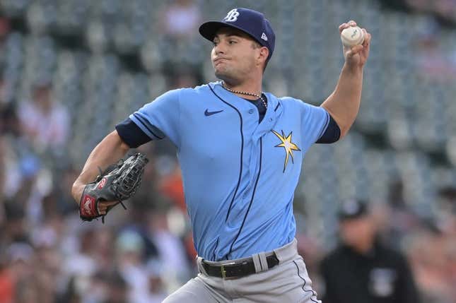 May 8, 2023; Baltimore, Maryland, USA; Tampa Bay Rays starting pitcher Shane McClanahan (18) throws a third inning pitch against the Baltimore Orioles  at Oriole Park at Camden Yards.
