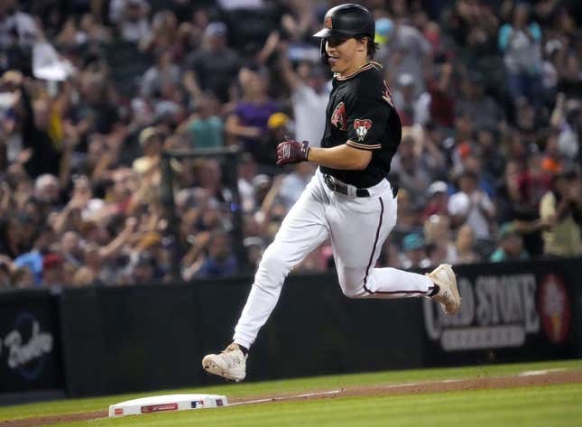 Jun 17, 2023; Phoenix, AZ, USA; Arizona Diamondbacks Jake McCarthy (31) rounds third base after hitting a home run against the Cleveland Guardians at Chase Field.