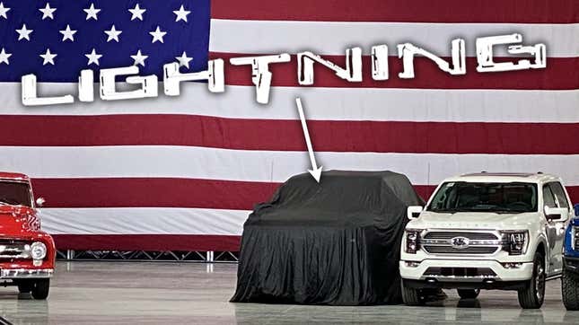 Image for article titled Here&#39;s A Sneak Peek At Ford&#39;s Electric F-150 Lightning Waiting For The President Under A Sheet UPDATED