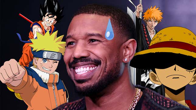 An altered image shows Michael B. Jordan smiling in front of portraits of popular anime character.