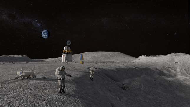 An illustration of future Artemis astronauts on the surface of the Moon.