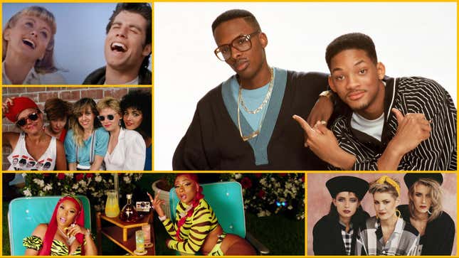 Clockwise from top left: Grease (Screenshot: Paramount Pictures/YouTube); DJ Jeff Townes (Jazzy Jeff) and rapper Will Smith (the Fresh Prince) (Photo: Michael Ochs Archives/Getty Images); Bananarama: Keren Woodward, Siobhan Fahey, and Sara Dallin. (Photo: Michael Putland/Getty Images); Nicki Minaj and Megan Thee Stallion (“Hot Girl Summer” official music video/YouTube); The Go-Gos: Belinda Carlisle, Gina Schock, Charlotte Caffey, Kathy Valentine, and Jane Wiedlin (Photo: George Rose/Getty Images)