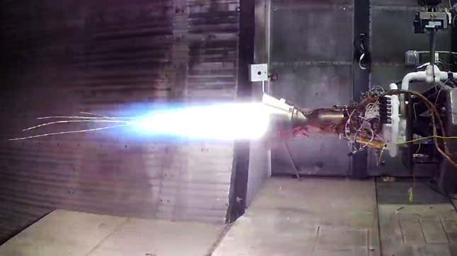 Tests of the upper stage engine resulted in burn-through and streaks of hot molten metal streaming out from the nozzle. 