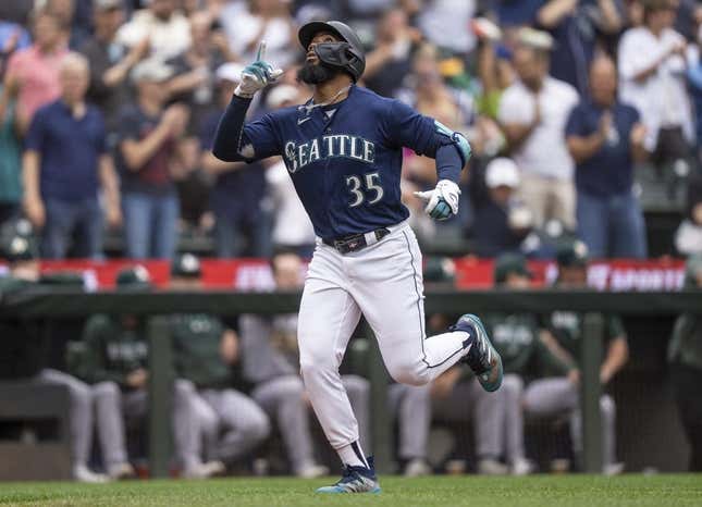 Aug 30, 2023; Seattle, Washington, USA; Seattle Mariners right fielder Teoscar Hernandez (35) rounds the bases after hitting a three-run home run third inning against the Oakland Athletics at T-Mobile Park.