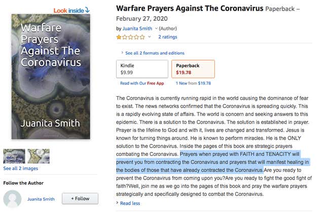 Amazon screenshot of a book claiming prayer prevents coronavirus.