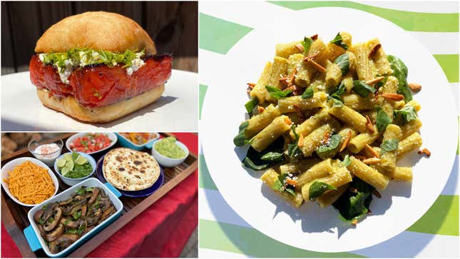 Top left: watermelon burger; Bottom left: mushroom fajitas; Right: zucchini pesto pasta
