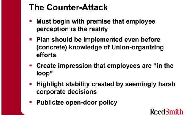 A screenshot of an old Reed Smith presentation previews tactics for discouraging unionization.