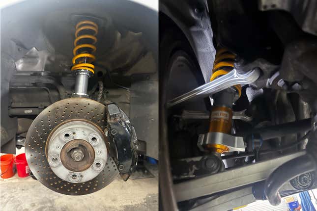 Two images of the refreshed suspension and Ohlins coilovers on a 2003 Porsche 911 Carrera