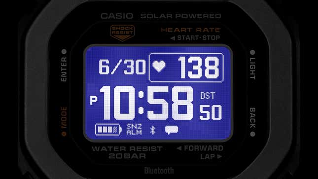 A close-up of the Casio G-Shock DWH5600's screen in the dock demonstrating its fully pixelated display and improved backlighting.