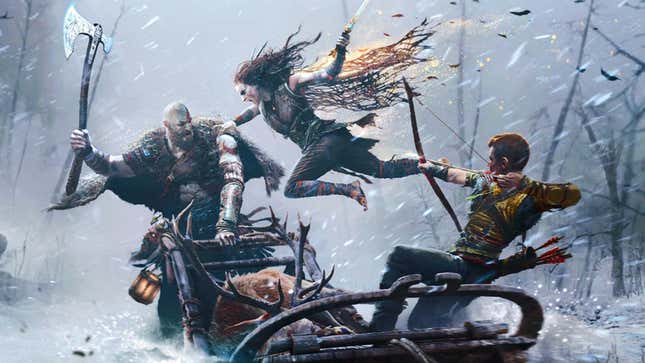Kratos drives a sled through a snowstorm while a witch jumps and attacks him with a sword. 