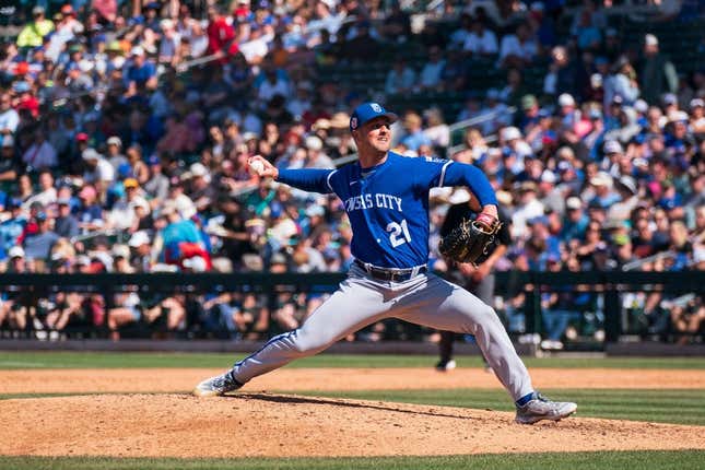 Mar 26, 2023; Mesa, Arizona, USA;  Kansas City pitcher Mike Mayers (21) on the mound in the sixth inning during a spring training game against the Chicago Cubs at Sloan Park.
