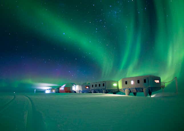 The southern lights are a common display over Antarctica during the continent’s winter. It would probably be really neat to see them from Halley IV, but for the past six years, the research station has been kept empty during winter out of caution, “because of the complex and unpredictable glaciological situation.” If the station were to float off into the sea, a rescue would be much more challenging in the 24-hour dark and brutal weather than in the summer months.