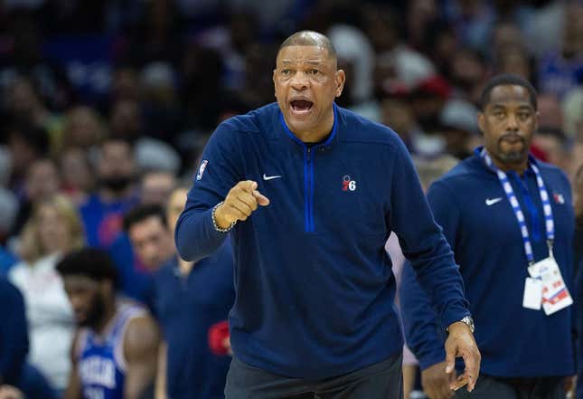 May 11, 2023; Philadelphia, Pennsylvania, USA; Philadelphia 76ers head coach Doc Rivers reacts during the fourth quarter against the Boston Celtics in game six of the 2023 NBA playoffs at Wells Fargo Center.
