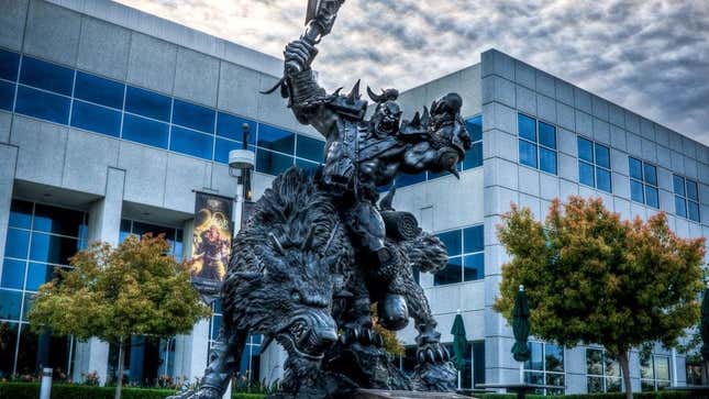 The front of Blizzard's Irvine, California campus where a giant World of Warcraft orc statue is displayed. 