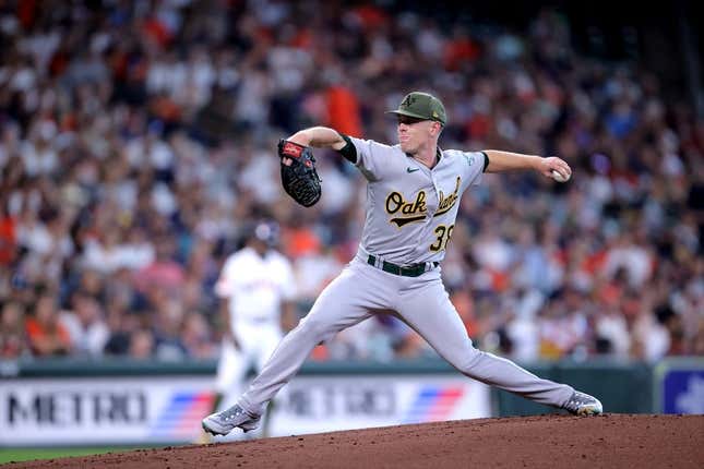 May 20, 2023; Houston, Texas, USA; Oakland Athletics starting pitcher JP Sears (38) delivers a pitch against the Oakland Athletics during the first inning at Minute Maid Park.