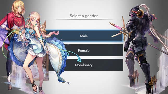 Harvestella characters stand in front of the game's gender selection screen. 