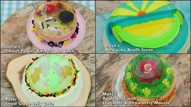 Grid of Laura's, Marc's, Dave's, and Peter's colorful jelly cakes