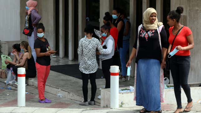 Ethiopian migrants outside the Ethiopian embassy in Beirut, Lebanon July 16, 2020.