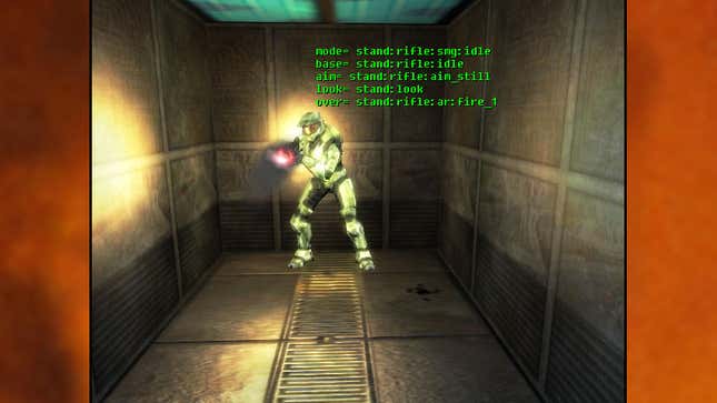 Various debug information is listed above a Spartan firing a gun.