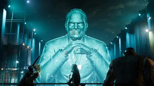 A large holographic image of Shinra's CEO from FF7 Remake. 