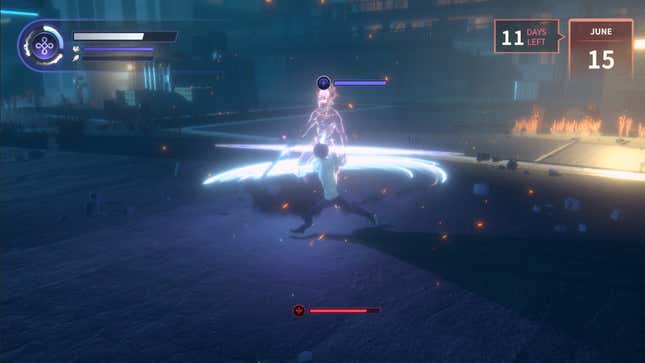 The protagonist is seen attacking a monster with his arm blade.