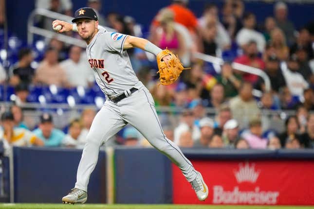 Aug 16, 2023; Miami, Florida, USA; Houston Astros third baseman Alex Bregman (2) throws the ball to first base for an out against the Miami Marlins during the seventh inning at loanDepot Park.