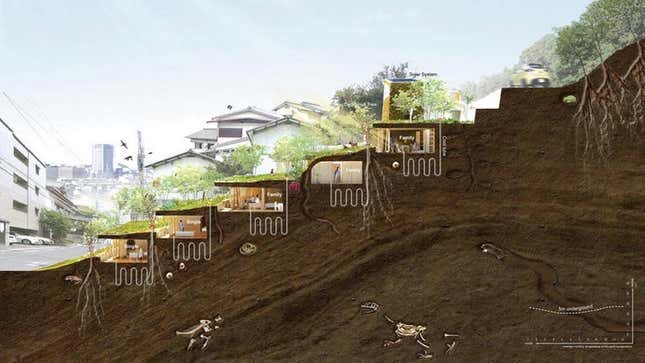 A rendering of the Miyawaki Gurindo complex showing the air ducts below the units.