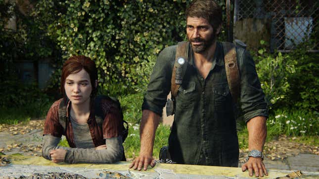 Joel and Ellie stand looking out on an overgrown balcony in the game The Last of Us.