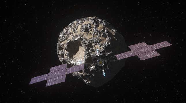 Conceptual image of Psyche mission to a heavily metallic asteroid. 